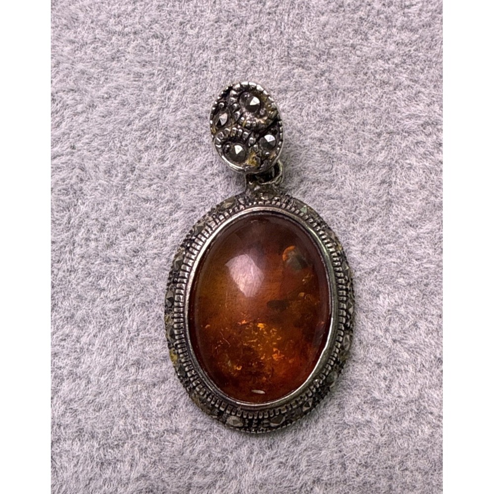 Vintage Sterling Silver Amber/Marcasites Lavaliere Pendant 925